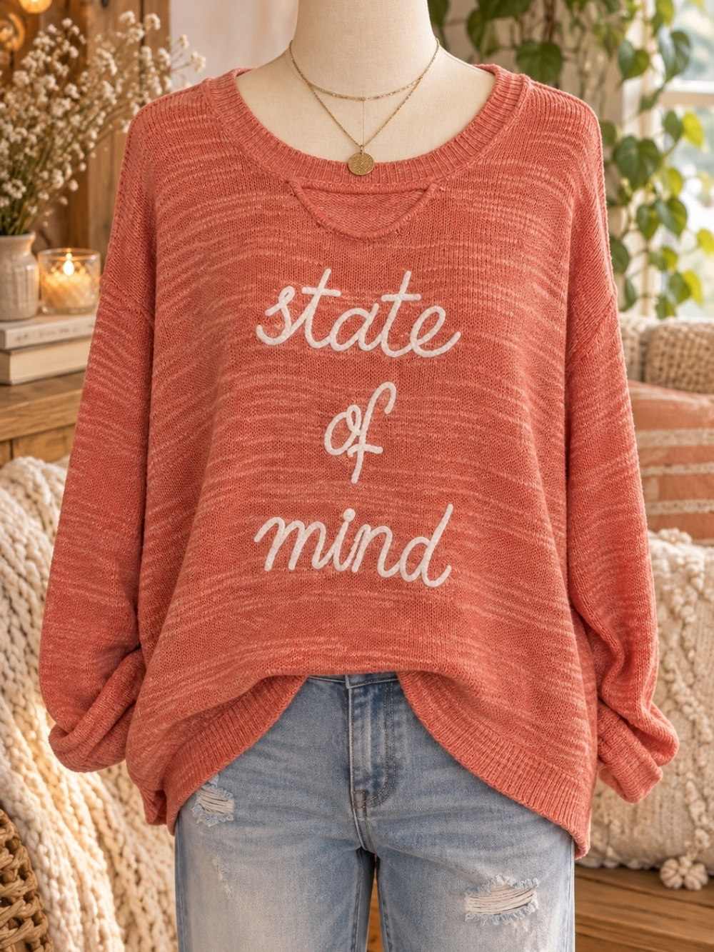 Soho Rust Scoop Neck Knit Sweater with White Script